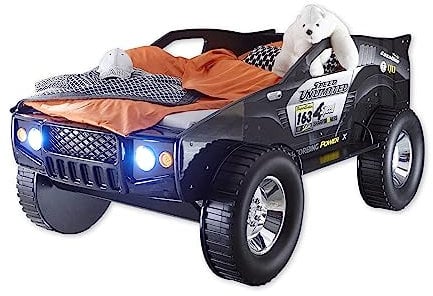JEEP Autobett mit LED-Beleuchtung 90 x 200 cm - Aufregendes & hohes SUV Auto Kinderbett für kleine Rennfahrer in Schwarz - 127 x 96 x 219 cm (B/H/T)