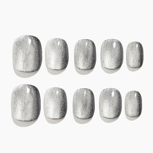 Sun&Beam Nails Handmade Press On Short Round with Silvern Black Cat Eye Design Charm Cute False Nail Tips 10 Pcs (#107 XS)