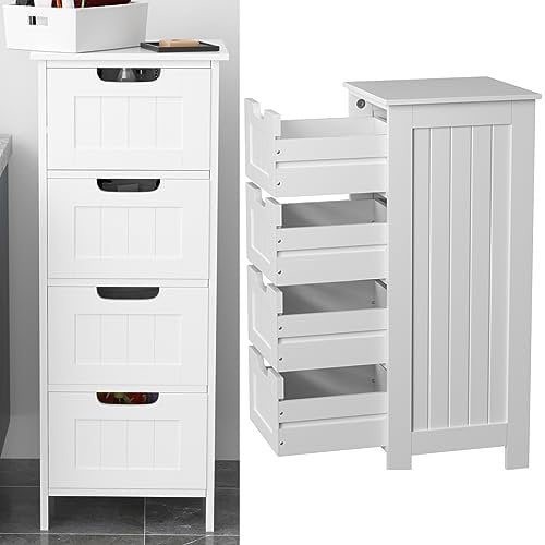 Chest of Drawers Bedroom, White Chest of Drawers, 4 Drawers Dresser, Wooden Freestanding Storage Cabinet, Floor Standing Tall Narrow Storage Cupboard Organiser Unit for Bedroom, Living Room, Hallway