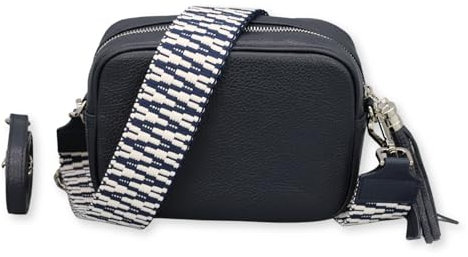 BRISE Umhängetasche Damen Echtleder KIRA Silber Handgemachte Crossbody Bag Schultertasche mit Ledergurt + Optionalen Breiten Gemusterten Riemen Verstellbarer Gurt Made in Italy (Dunkelblau - 2)