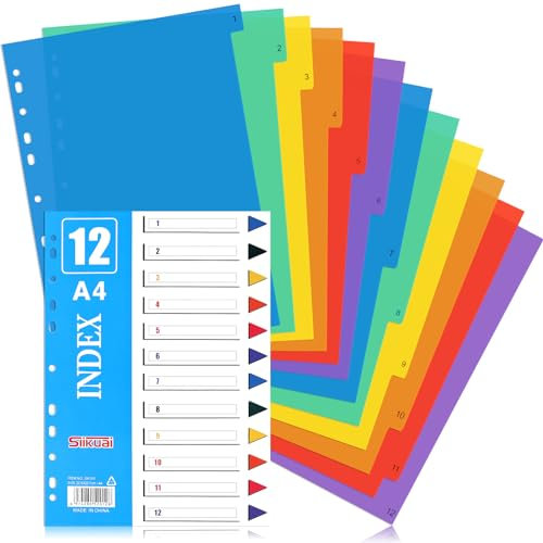 Partideal 3 Pack A4 File Dividers,12 Part Wide Coloured Tabs Multi Hole Punched Plastic Binder Dividers in Assorted Colors for A4 Portrait Documents