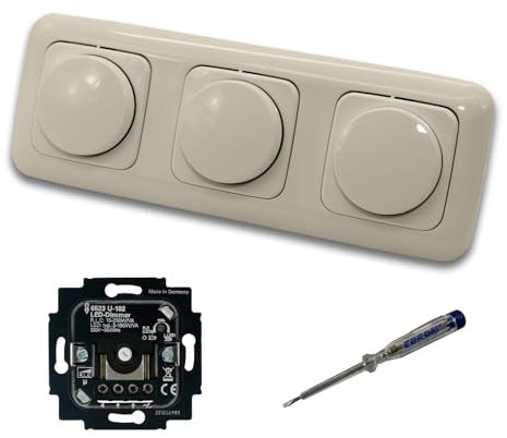 Busch Jäger 6523U-102 (3 Stück) LED Drehdimmer Dimmer + Dimmerscheiben 2115-212 in DURO2000 cremeweiß glänzend im 3-fach Rahmen inkl. EBROM Phasenprüfer zur Montage der Geräte 6523 U - 102