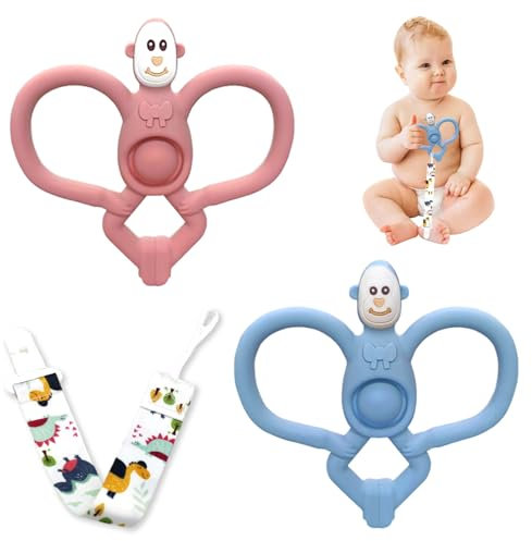 GUOYOU 2 PCS Beißring Baby Beißring Affe Original - Baby Zahnungshilfe - weiche Noppen massieren wundes Zahnfleisch - Silikon BPA-frei - Greifling für Zahnen - ab 3 Monaten Blau Rosa