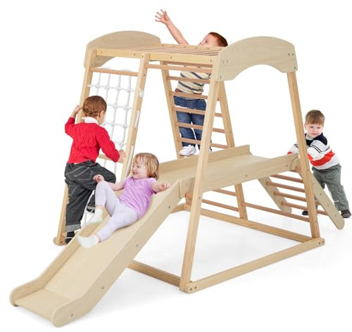 GOPLUS 6 en 1 Escalade Enfant Montessori, Aire de Jeux Structure d'escalade avec Portique, Toboggan, Corde et Échelles en Bois Ancrages, pour Enfants 1 an+, Charge 60 kg (Naturel, 6 en 1)