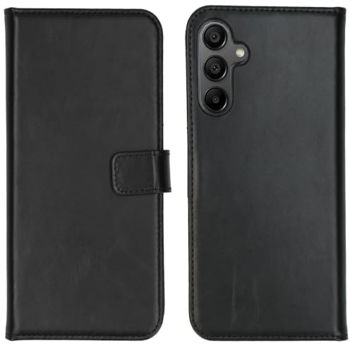 Selencia Bookcase Hülle kompatibel mit Samsung Galaxy A15 (4G), Samsung Galaxy A15 (5G) – Era Leder Handytasche Side Flip Case – Handyhülle aus Rindsleder in Schwarz [3 Kartenfächer, Magnetverschluss]