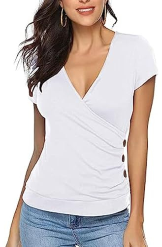 EMOTTOS Y2K Slim Fit Tops Cuello en V, Soft Low-Cut Crop TopSweatheart Cuello Camisa/Women's Cross Wrap Button Tunic Tops Summer Blouse, Moda Skinny Y2K tee Shirt, 2 Estilo