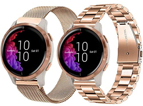 20mm Metall Armband for Garmin VivoActive 6 5 3,Forerunner 165/55/245/645 Armband, 2Pack Metallarmband Edelstahl Armbands for Garmin Venu/Venu Sq/Sq 2/Venu2 Plus Frauen Männer Rotgold