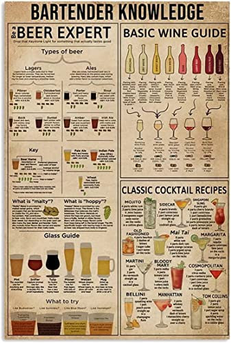 Barkeeper Knowledge Metallschilder, Vintage-Poster, Malerei, Basic Wine Guide, Wandkunst, Heimdekoration, Kunstwerk, gedruckte Geschenke, Wanddekoration, Wohnzimmer, Schlafzimmer, Schild, 20,3 x 30,5