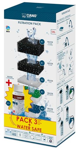 CIANO, Aquarium Consommables + Conditionneur - Cartouches de Filtration pour Filtre d'Aquarium & Conditionneur - Pack 3 Mois, Taille XL - Eau Cristalline pour Poissons, sans Impuretés et sans Odeur