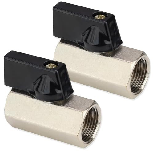 2 Stück Mini-Kugelhahn Innengewinde, 3/8 Zoll Innengewinde Absperrhahn, Sechseckiger Kugelhahn, Messing Vernickelt Mini Kugelhahn, Für Wasseranschlüsse, Schwarz + Silber