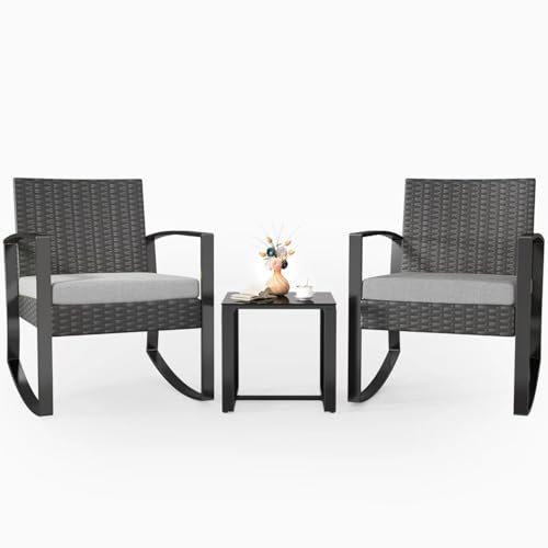 Xbro Conjunto de Bistró para Patio, 3 Piezas, Juego de 2 Sillas Mecedoras de Ratán con Mesa de Jardín, Muebles de Exterior para Terraza, Balcón y Porche