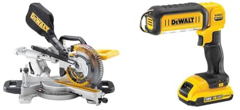 DEWALT DCS365N-XJ XR 184 mm Mitre Saw with XPS-Bare Unit, 590 W, 18 V, Yellow & DCL050-XJ 18 V XR Handheld Yellow LED Area Light, Bare Unit, Multi