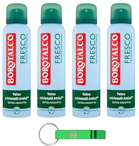 4x Borotalco Fresco Deodorante Deo Spray,Frischer Talkum-Duft,Dreifacher Schutz vor Schweiß und extra Trocken Effekt,150ml + Beni Culinari Kostenloser Schlüsselanhänger