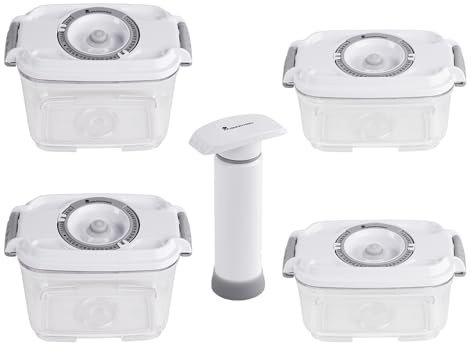 MasterPRO Set 4 contenitori sottovuoto 500ml + estrattore sottovuoto elettrico, conservazione alimenti, congelatore e microonde, BPA Free, made in EU (2+2 Contenitori 500ml/800ml + pompa manuale)