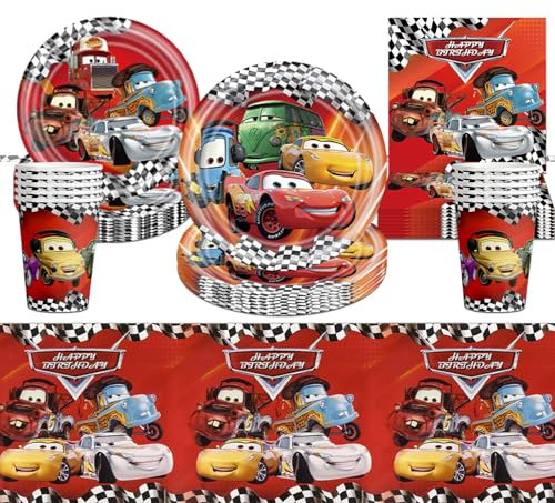 Autos Partygeschirr,51 Stück Cars Geburtstagsdeko Racing car Party Deko Teller Pappbecher Tischdecke Servietten für Jungen Mädchen Auto Geburtstag Party Dekoration
