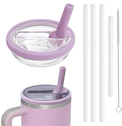 Leak Proof Lid with Straw for Stanley 40oz Cup Replacement Spill Proof Water Bottle Tumbler Flip Straw Lid for Stanley Quencher 1.2L Reusable Cover Set with 4 Straws and 1 Cleaning Brush (Purple)