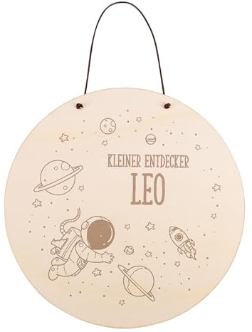Streifchen® Personalisierbares Türschild aus Holz – Kinderzimmer Namensschild mit süßen Motiven – Individuelle Gravur mit Name – Rundes Holzschild mit Aufhängung – Verschiedene Designs (Weltraum)