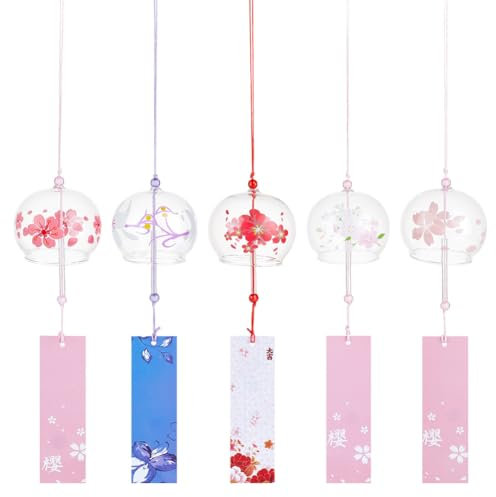 OLYCRAFT 5Pcs Carillon Éolien Japonais 5 Styles Thème Fleur de Cerisier Cloches à Vent en Verre Fabriquées à la Main Pendentifs Créatifs à Suspendre pour la Maison Jardin Le Mariage Décoration