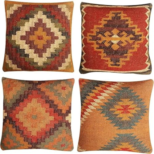 Kissenbezüge 4er Set 40x40cm Dekorative Kissenhülle, Leinen Zierkissenbezüge mit unsichtbarem Reißverschluss, Weich Kissen Bezug Zierkissen für Sofa Zuhause Dekor, Rot-orangefarbener Ethno-Stil SD2654