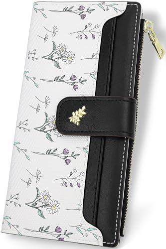 Farcauo Portemonnaie Damen Geldbörsen Frauen Geldbeutel Mittel Groß Damen Geldbörse mit Schwarz Blumen Design für Frauen Portmonee mit Ausweisfach und Kartenhüllen