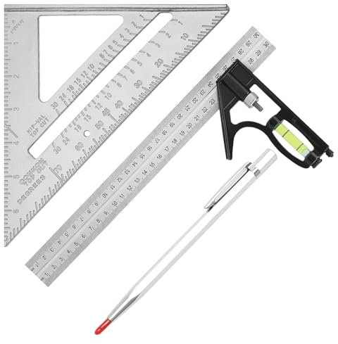2 Pcs Combination Triangle Rule, 12 Inch Combination Square with Spirit Level and 45-90 Degree Marking, Speed Squares 7 inch with Marking Pen for Accurate Measurement