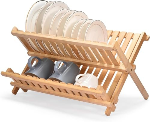 Escurridor de Madera, Escurreplatos Madera, Organizador Platos Plegable para Fregadero, escurridor de Platos Madera para Cocina, Plegable y Resistente, 42 x 33 x 26 cm