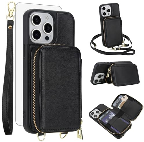 Phone Case for iPhone 15 Pro Max 6.7 inch Wallet Cell Cover with Tempered Glass Screen Protector Crossbody Strap Lanyard RFID Blocking Card Holder i Phone15 15Pro i15 ProMax 15ProMax Women Men Black