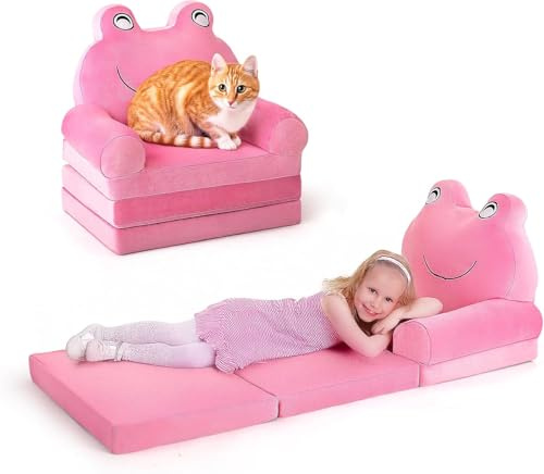 LADIDA Kids Sofa - Foldable & Convertible 2-in-1 Toddler Sofa Chair & Lounger, Removable Washable Cover, Soft Breathable Fabric, No Assembly Needed,Suitable for Living Room and Bedroom (Pink Frog)