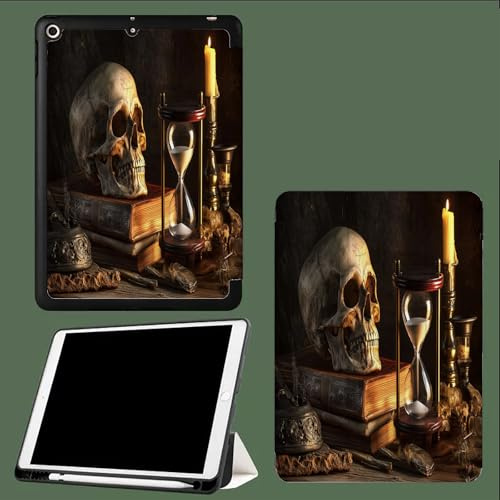 Hülle für iPad 10.2 Zoll Modell 2021/2020/2019 (9./8./7. Generation) mit Stifthalter, ultradünne leichte Schutzhülle, Auto Schlaf/Wach Funktion,Totenkopf Vintage Buch