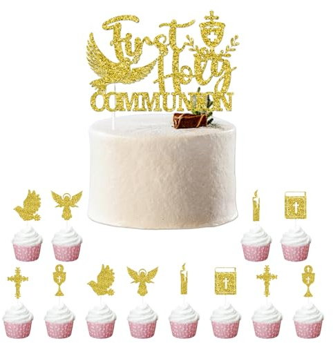 Kommunion Torten Deko Mädchen – 13er Set mit 7 verschiedenen Stilen – Erste Heilige Kommunion Tortenaufsatz, Cupcake Topper, Essbare Dekoration für Torte, Cupcakes, Desserts – Mädchen, Glitz