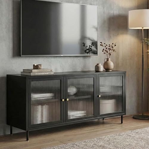 Meuble TV HWC-O87 en Verre et rotin 58 x 120 x 40 cm Noir