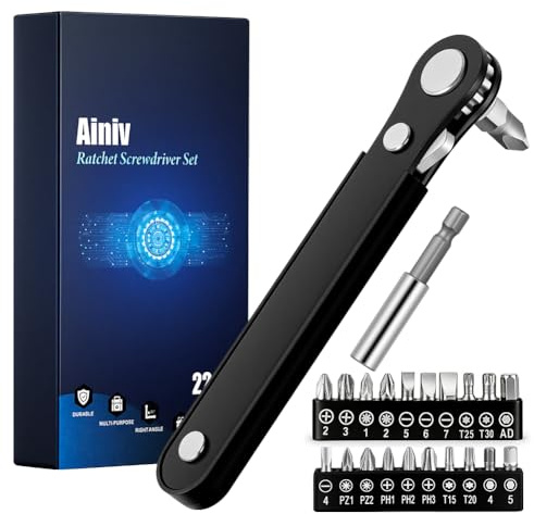 Ainiv Mini Chiave a Cricchetto a 15 Denti, 22 Pezzi Cacciavite Magnetico | ad Angolo Retto, Piccola Chiave a Cricchetto Reversibile da 1/4 con 1 Asta di Prolunga e 20 Punte per Cacciavite