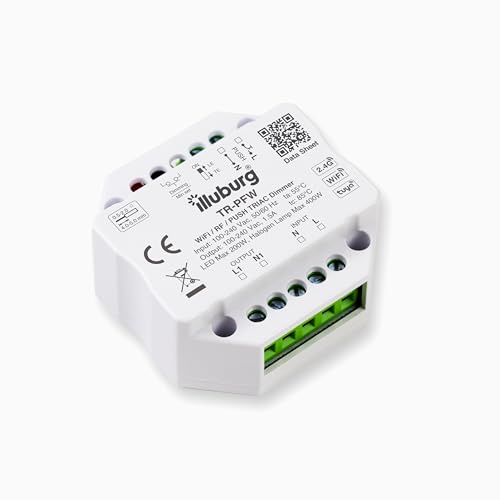 illuburg TRIAC Dimmer über WLAN Alexa Tuya 2,4GHz RF Fernbedienung PUSH-Taster für LEDs und Trafos bis 200W Smart Dimmschalter Dimmaktor Controller