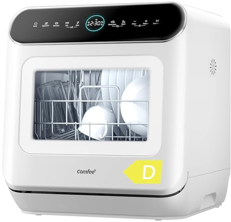 COMFEE Lavastoviglie Libera Installazione, 3 Coperti, 7+3 Programmi, Bianco | Installazione Libera Con Riempimento Manuale, Asciugatura Con Apertura Automatica, Da Tavolo Ideale Per Piccole Cucine