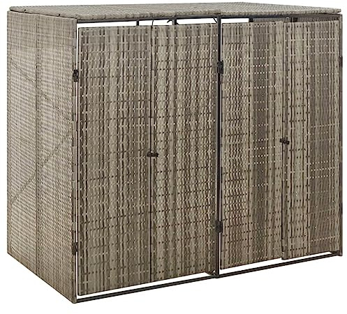 Mülltonnenbox für 2 Tonnen, Grau, 140x80x117 cm, Poly Rattan mit Deckel und abschließbaren Türen, pulverbeschichteter Stahlrahmen, einfache Montage