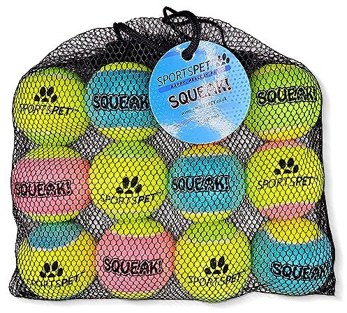 SPORTSPET Tennisball Medium mit Quietscher gel– Extra federnd – Ungiftig – Langlebig – Robust – Schwimmfähig – Quietsch-Tennisbälle im 12er-Pack (64 mm)
