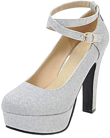 CularAcci Donna Moda con Cinturino alla Caviglia Tacco Alto Pumps Plateau Scarpe Silver Size 34 Asiatico