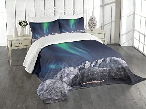 ABAKUHAUS Himmel Tagesdecke Set, Northern Nacht Norwegen Sonnen, Set mit Kissenbezug Klare Farben, für Einzelbetten 170 x 220 cm, Grün Dunkelblau