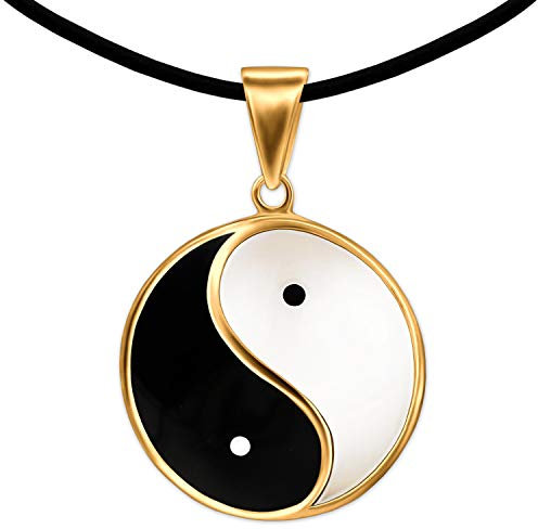 CLEVER SCHMUCK Goldener großer großer Yin Yang Anhänger Ø 23 mm schwarz weiß lackiert 925 Sterling Silber gold-plattiert + Kautschukband 45 cm lang + Schmucketui