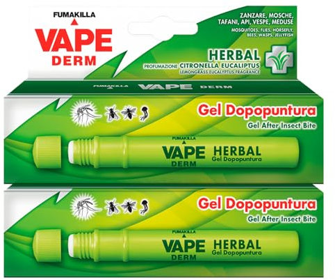2x Vape Derm Herbal Stick Gel Dopo Puntura Insetti Zanzare Tafani Api Vespe Meduse alla Citronella e Eucalipto Lenitivo Dermatologicamente Testato