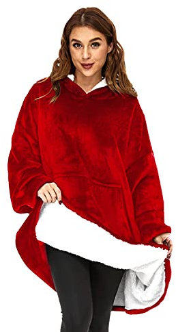 O³ Coperta con Cappuccio, Plaid con Maniche, indossabile in Pile, Felpa Oversize Donna, Blanket Hoodie - Confortevole e Morbido - Perfetto per Le Notti Invernali sul Divano (Rosso)