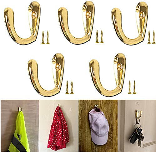 TERF® Polished Brass Single Wall Mounted & Door Hat Coat Robe Hooks for Bathroom Bedroom Kitchen Office Door Hooks with Fixing Screw - Pack of 5