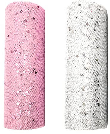 LdawyDE Tüll Stoff, 2 Stück Tüllstoff Deko, Glitter Tüll Rollen, schön und stylisch, geeignet für die DIY-Produktion von Kleidung, Artikelverpackung und Dekoration (rosa + weiß)
