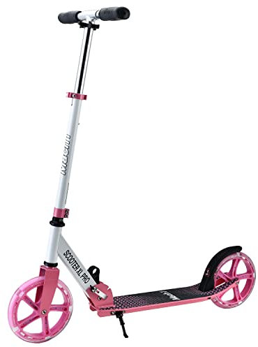 Mach1 Kick Scooter ALU City Roller Tretroller Große XXL 200mm LED Leuchtrollen/Reifen Erwachsene und Kinderroller klappbar Kickscooter (Weiß Pink)