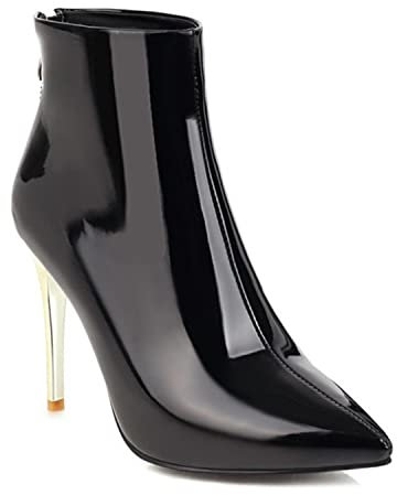 bbruriy Sexy tacchi alti per le donne stivali a punta a spillo 10cm tacco stivaletti in pelle verniciata cerniera laterale stivaletto, nero, 35