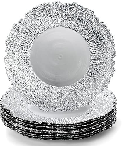 Coloch Set di 12 piatti di ricarica in plastica argentata, 33 cm, riutilizzabili, per piatti da portata, rotondi, lucidi, decorativi, per matrimoni, catering, feste, ristoranti, cene a casa