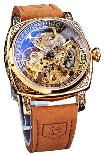 FORSINING Herren-Armbanduhr, modisch, klassisch, Skelett, quadratisch, transparentes Zifferblatt, automatisch, mechanische Armbanduhr, Leder, leuchtend, wasserdicht, Golden 1, Armband