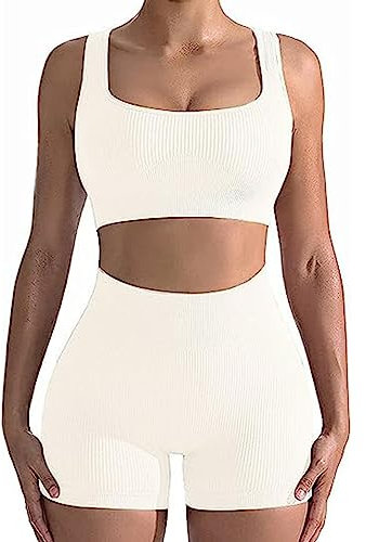 Damen 2 Stück Sport Set kurz Sportanzüge Jogginganzug, Hohe Taille Workout Outfits Nahtlos Gerippte Trainingsanzüge Fitness Yoga Sport BH and Gym Shorts Set(Weiß,M)