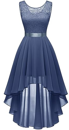 Berylove Dentelle Robe de Cocktail Femme élégante pour Mariage, Robe Festive sans Manches, Robe de Demoiselle d'honneur, Bleu, XL