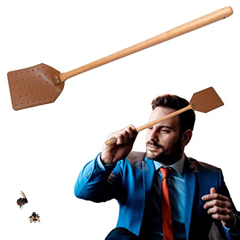 Voihamy Tapette À Mouches en Cuir - Tapette À Cuisine - Tapette À Mouches Manuelle avec Long Manche en Bois - Tapetteà Mouche SoliPortable - Outils Chasse À La Mouche pour La aison